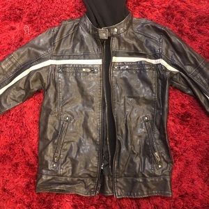 Leather Biker Jacket with Removable Hood Flawed